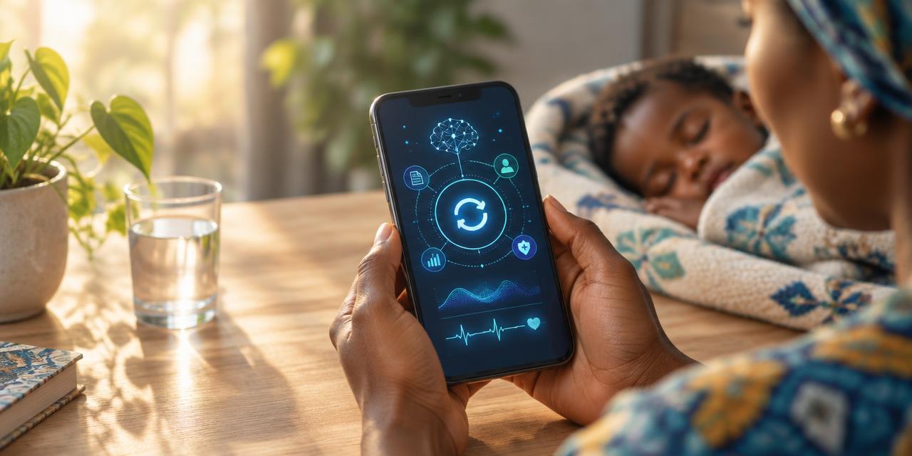 A parent checking an app that keeps her family's health records up to date